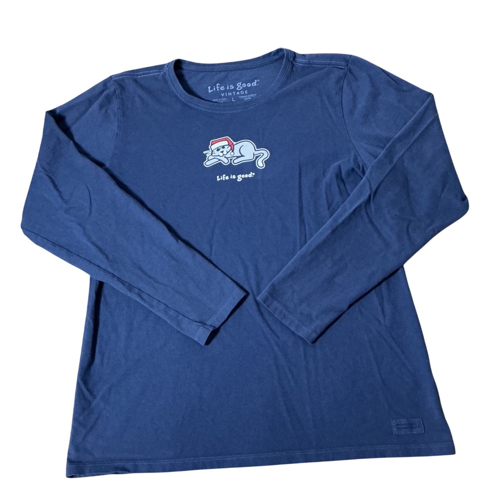Life is Good Christmas Cat Graphic Tee Womens Large Blue Long Sleeve Santa Hat